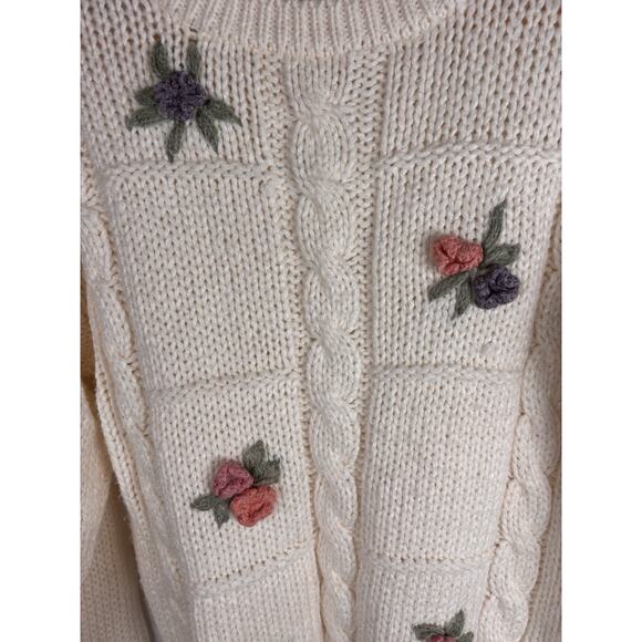 Hand Loomed Currants Vintage Chunky Knit Flower Ivory Sweater Medium Cottagecore - Picture 8 of 8